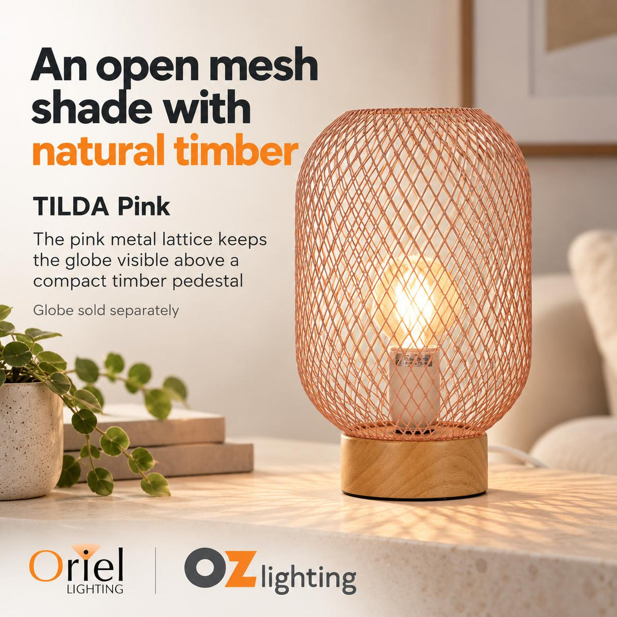 Oriel TILDA Table Lamp - Mesh, Pink-Oriel Lighting-Ozlighting.com.au