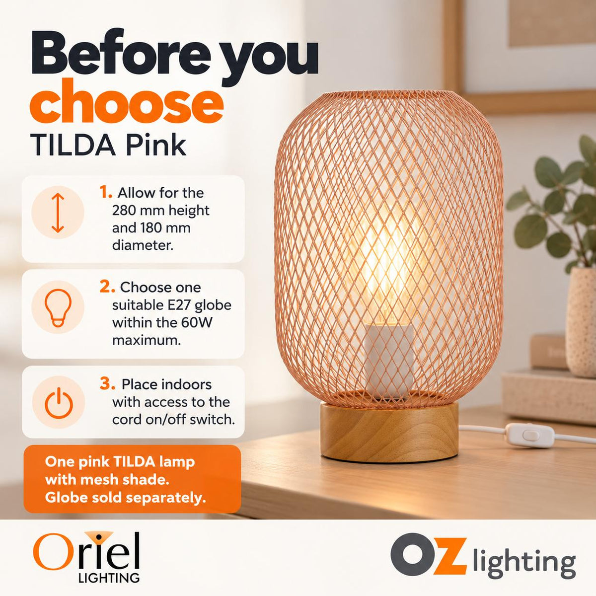 Oriel TILDA Table Lamp - Mesh, Pink-Oriel Lighting-Ozlighting.com.au