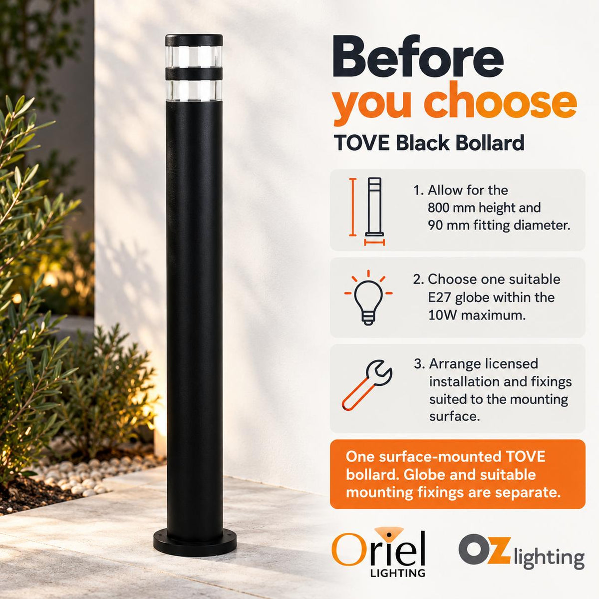 Oriel TOVE Outdoor Bollard Light - Aluminium Garden, IP44-Oriel Lighting-Ozlighting.com.au