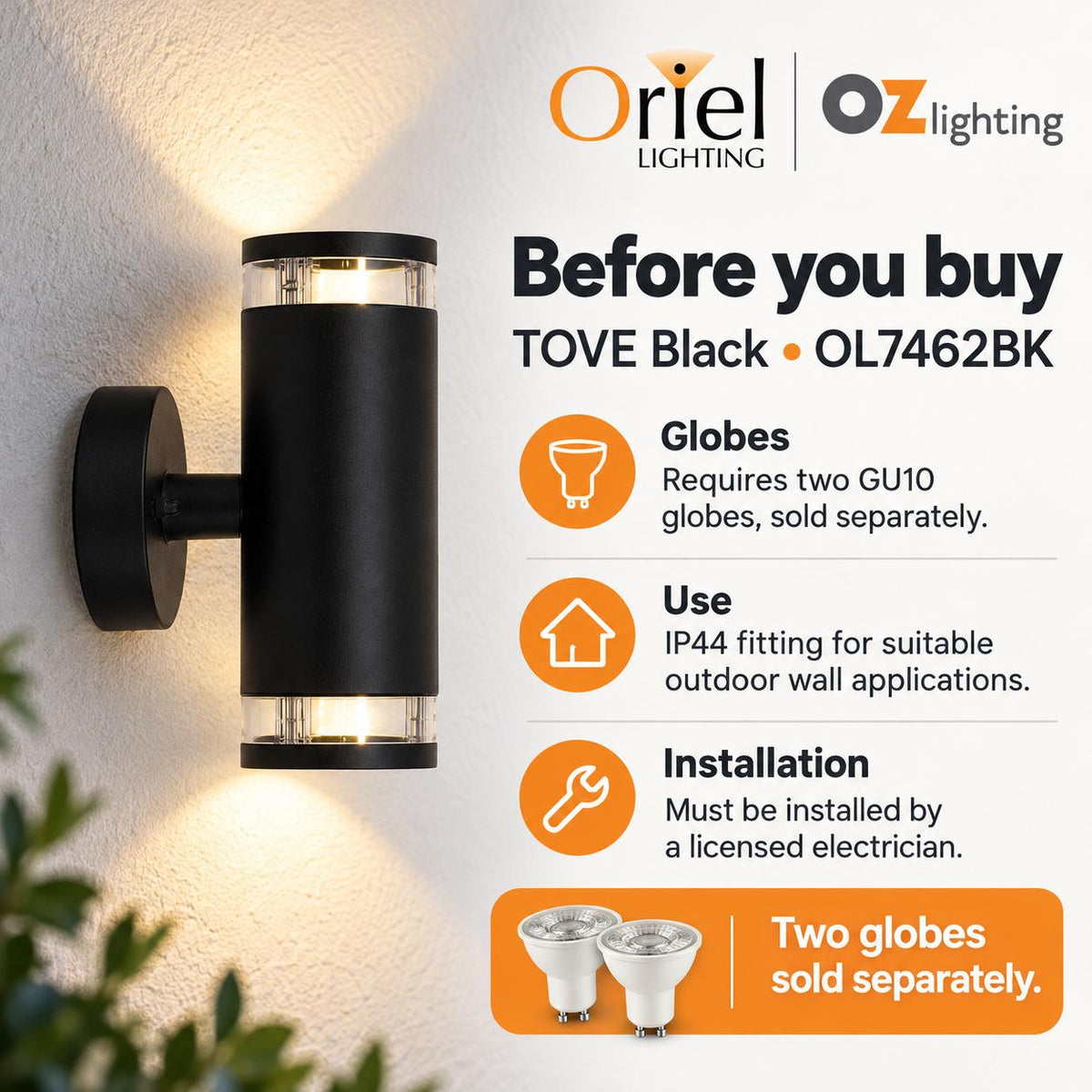 Oriel TOVE Outdoor LED Wall Light - Up/Down Ready, IP44-Oriel Lighting-Ozlighting.com.au