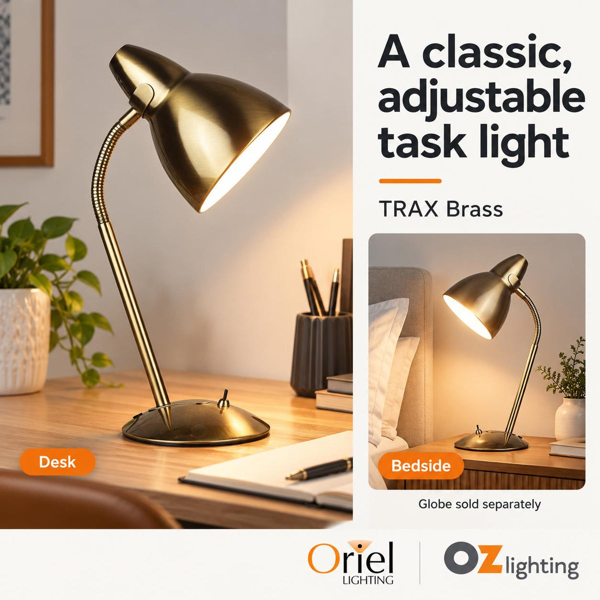 Oriel TRAX Desk & Table Lamp - Classic Gooseneck Metal Task-Oriel Lighting-Ozlighting.com.au