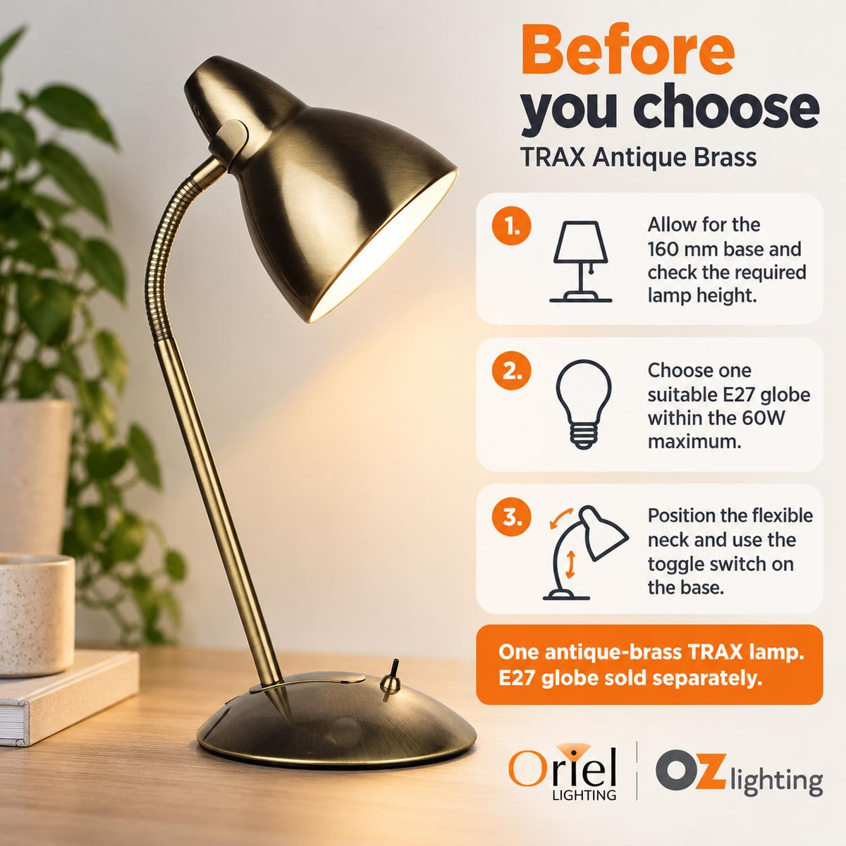 Oriel TRAX Desk & Table Lamp - Classic Gooseneck Metal Task-Oriel Lighting-Ozlighting.com.au