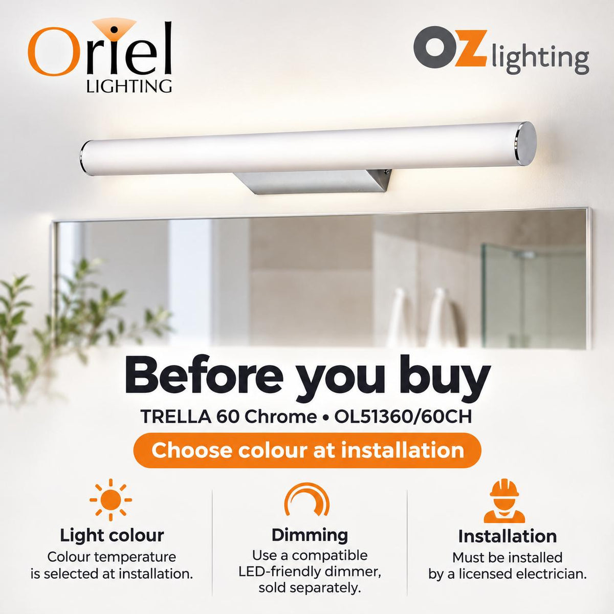 Oriel TRELLA.60 Vanity Wall Light - 12W-Oriel Lighting-Ozlighting.com.au