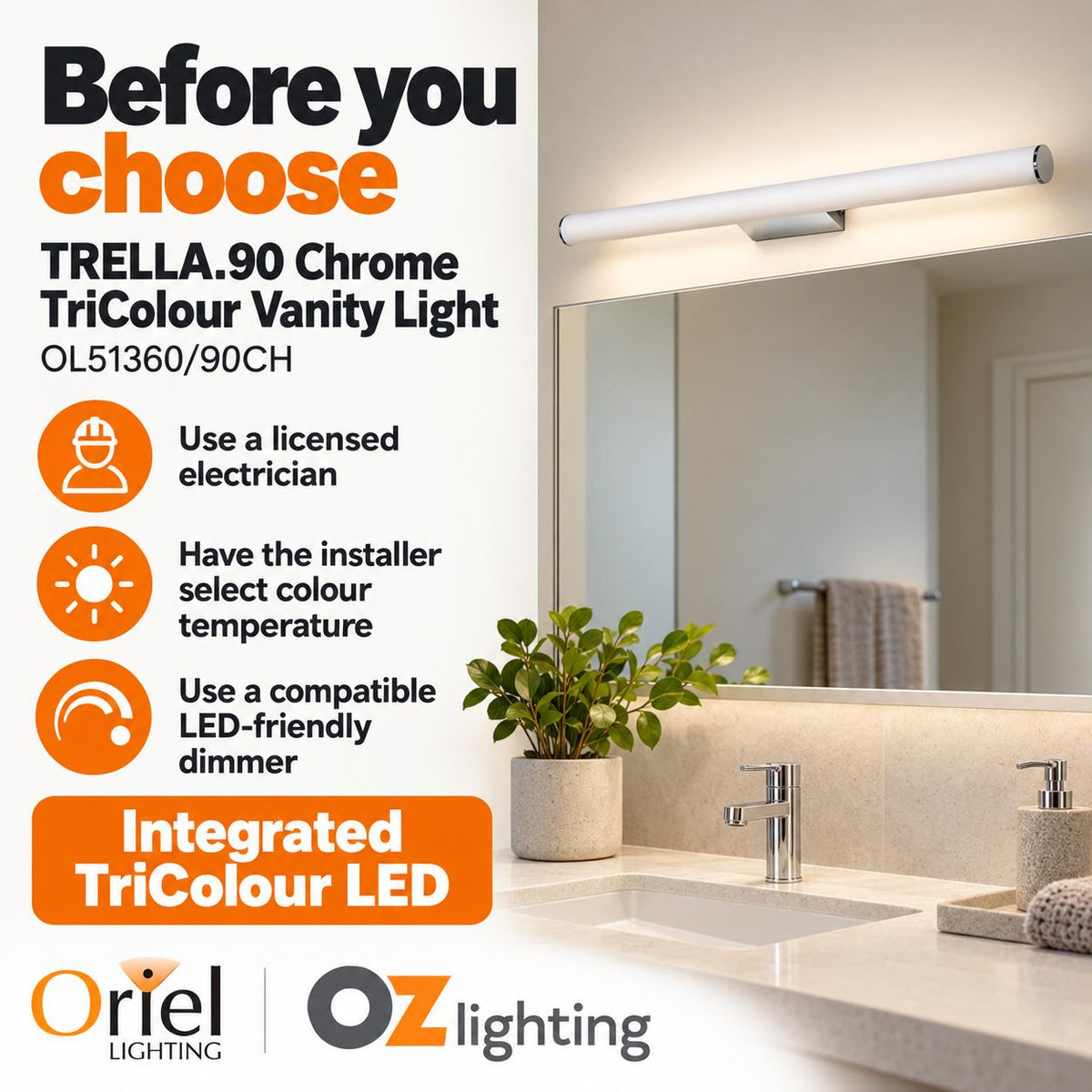 Oriel TRELLA.90 Vanity Wall Light - 18W-Oriel Lighting-Ozlighting.com.au