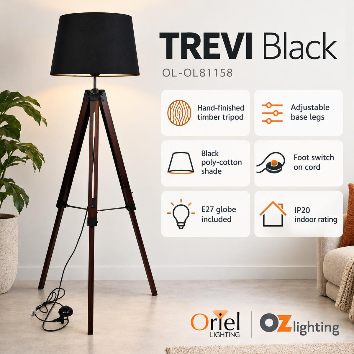 Oriel TREVI Floor Lamp - Max. 60W, Tripod Wooden-Oriel Lighting-Ozlighting.com.au