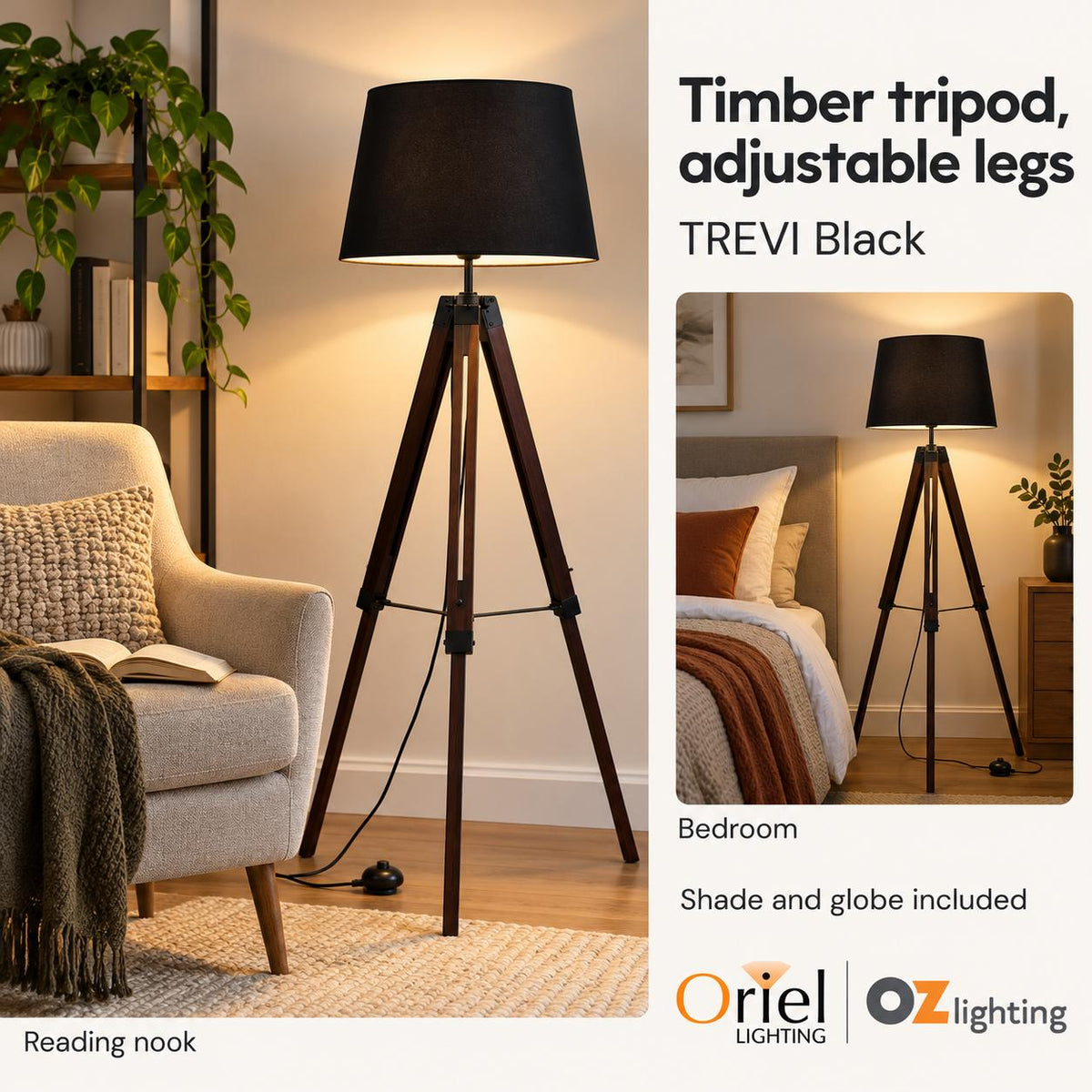 Oriel TREVI Floor Lamp - Max. 60W, Tripod Wooden-Oriel Lighting-Ozlighting.com.au