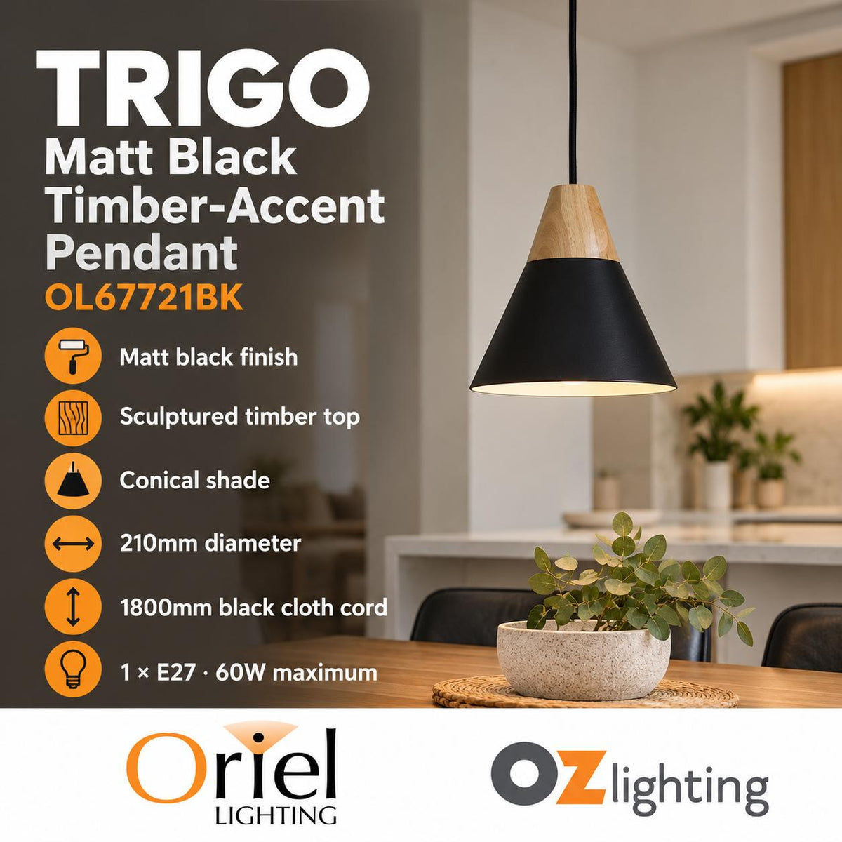 Oriel TRIGO Pendant - 1 Light Single-Oriel Lighting-Ozlighting.com.au