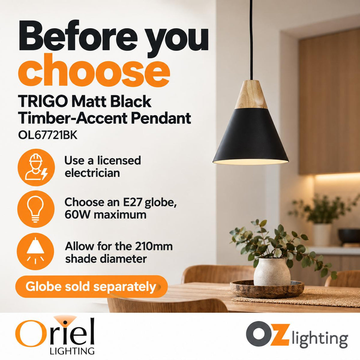 Oriel TRIGO Pendant - 1 Light Single-Oriel Lighting-Ozlighting.com.au