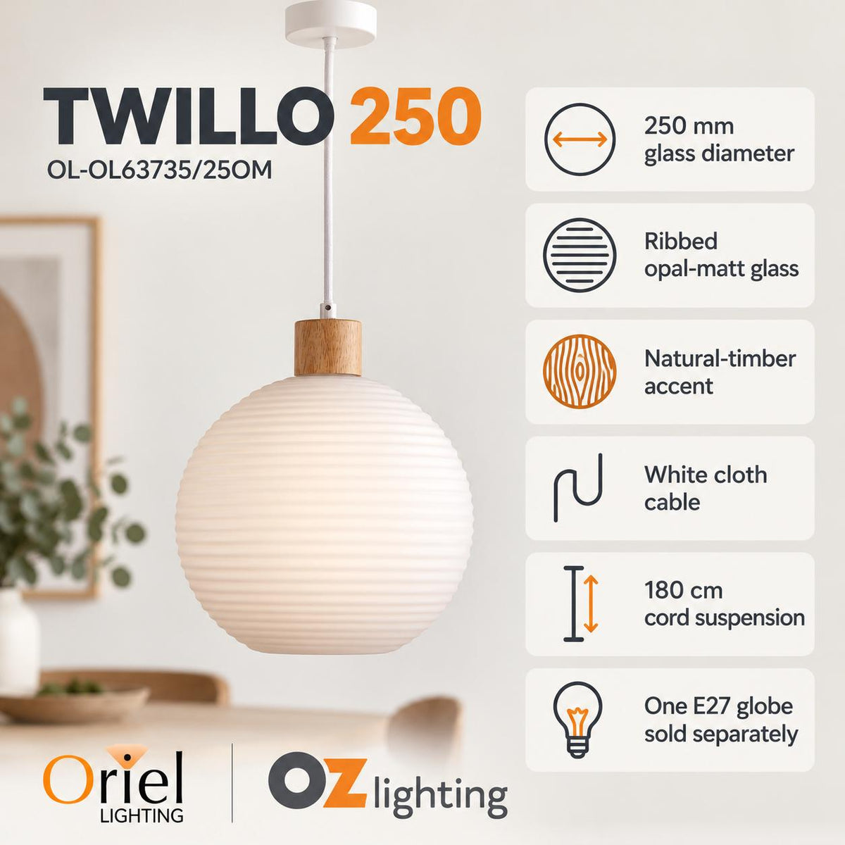 Oriel TWILLO Pendant - 1 Light-Oriel Lighting-Ozlighting.com.au