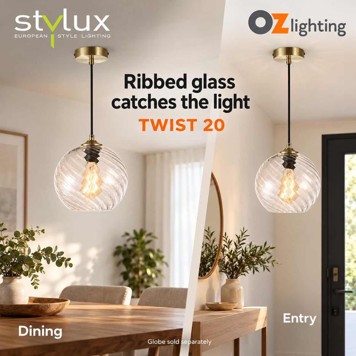 Oriel TWIST.20 Pendant - 1 Light Single Clear Glass — two alternative verified product applications; Globe sold separately