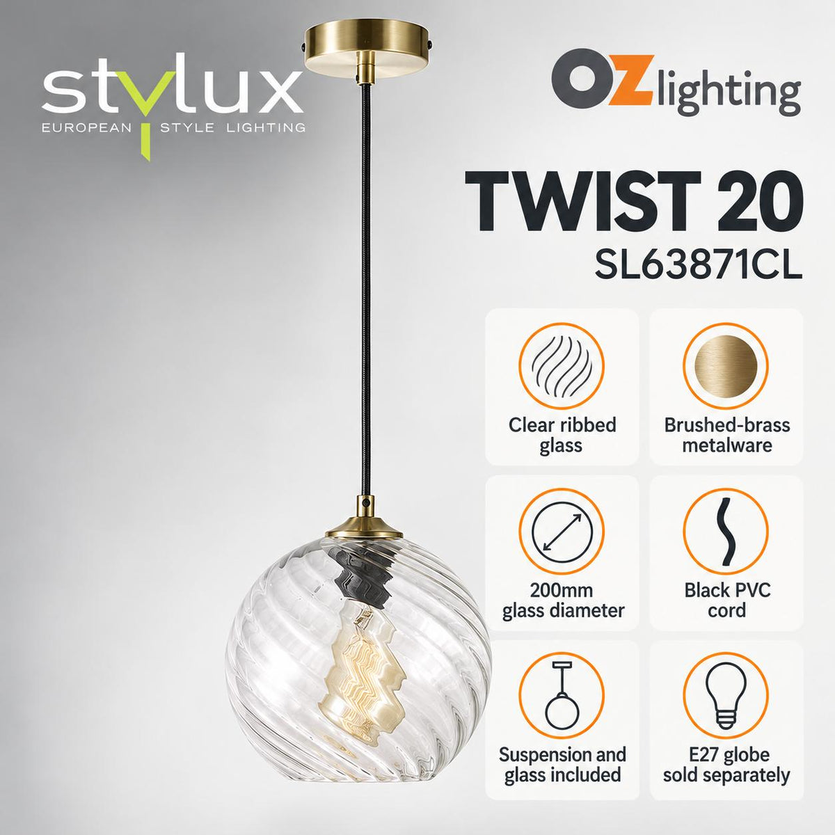 Oriel TWIST.20 Pendant - 1 Light Single Clear Glass — verified product details
