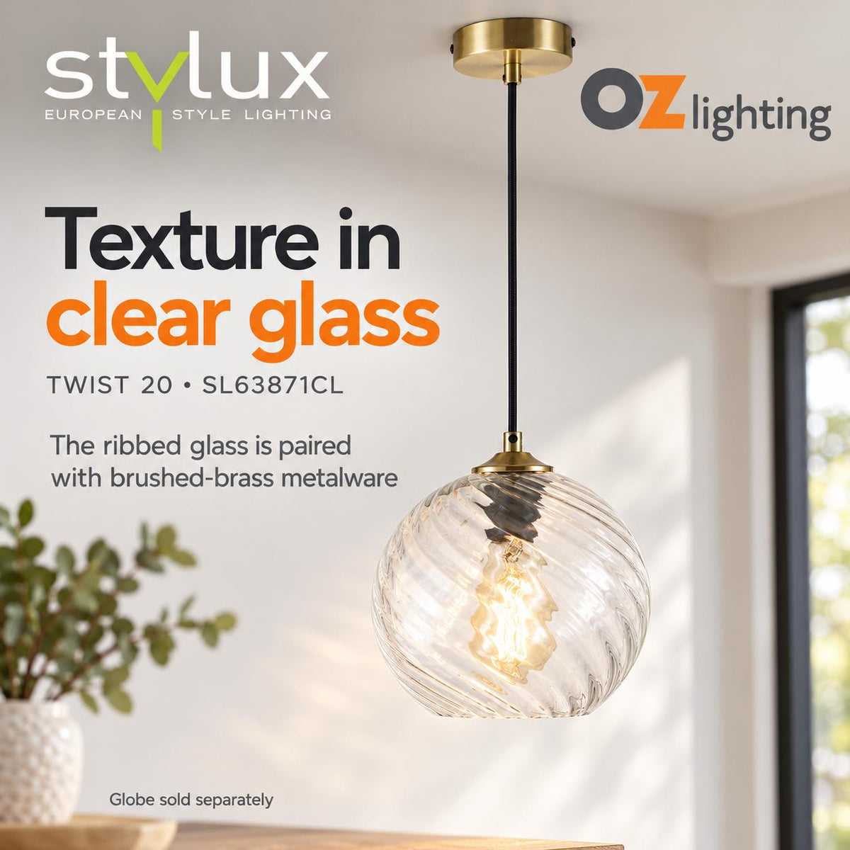 Oriel TWIST.20 Pendant - 1 Light Single Clear Glass — verified design benefit; Globe sold separately