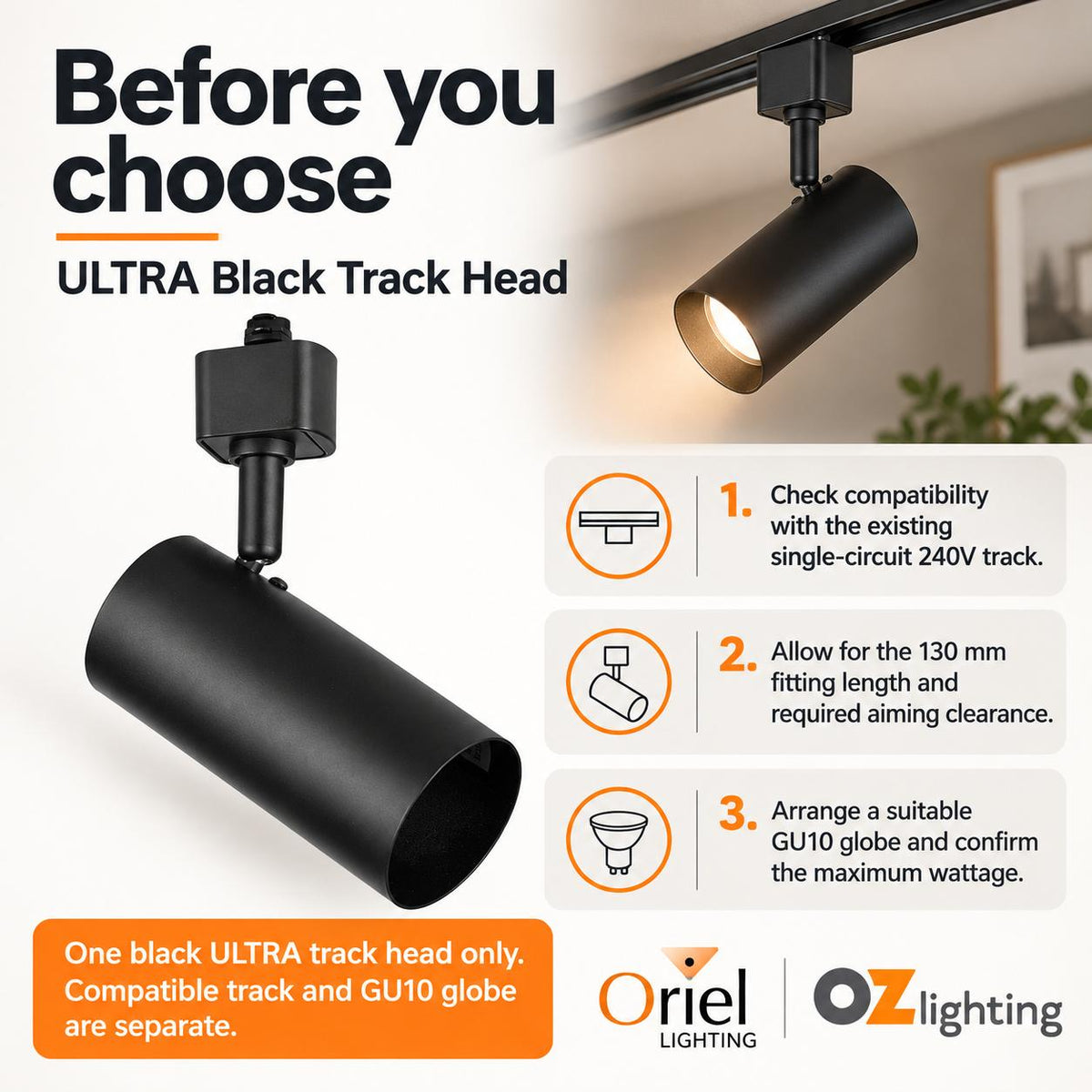 Oriel ULTRA Spotlight - GU10 Single Circuit Adjustable Track Mounted Head-Oriel Lighting-Ozlighting.com.au
