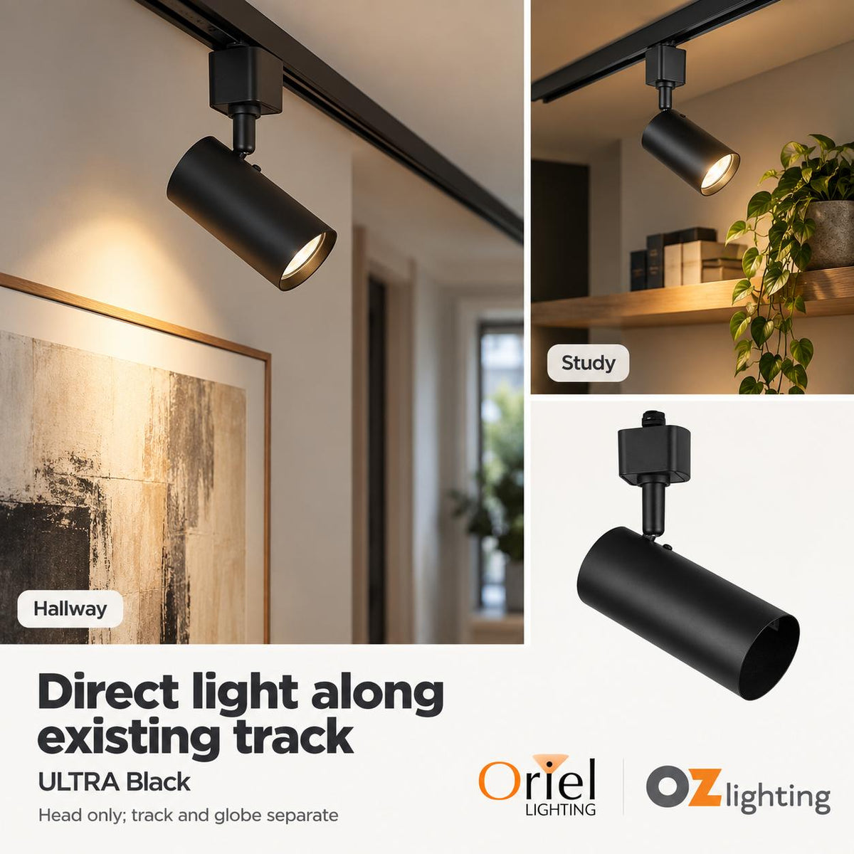 Oriel ULTRA Spotlight - GU10 Single Circuit Adjustable Track Mounted Head-Oriel Lighting-Ozlighting.com.au