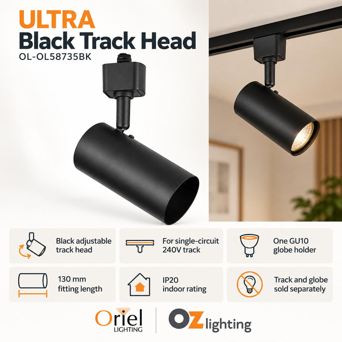 Oriel ULTRA Spotlight - GU10 Single Circuit Adjustable Track Mounted Head-Oriel Lighting-Ozlighting.com.au