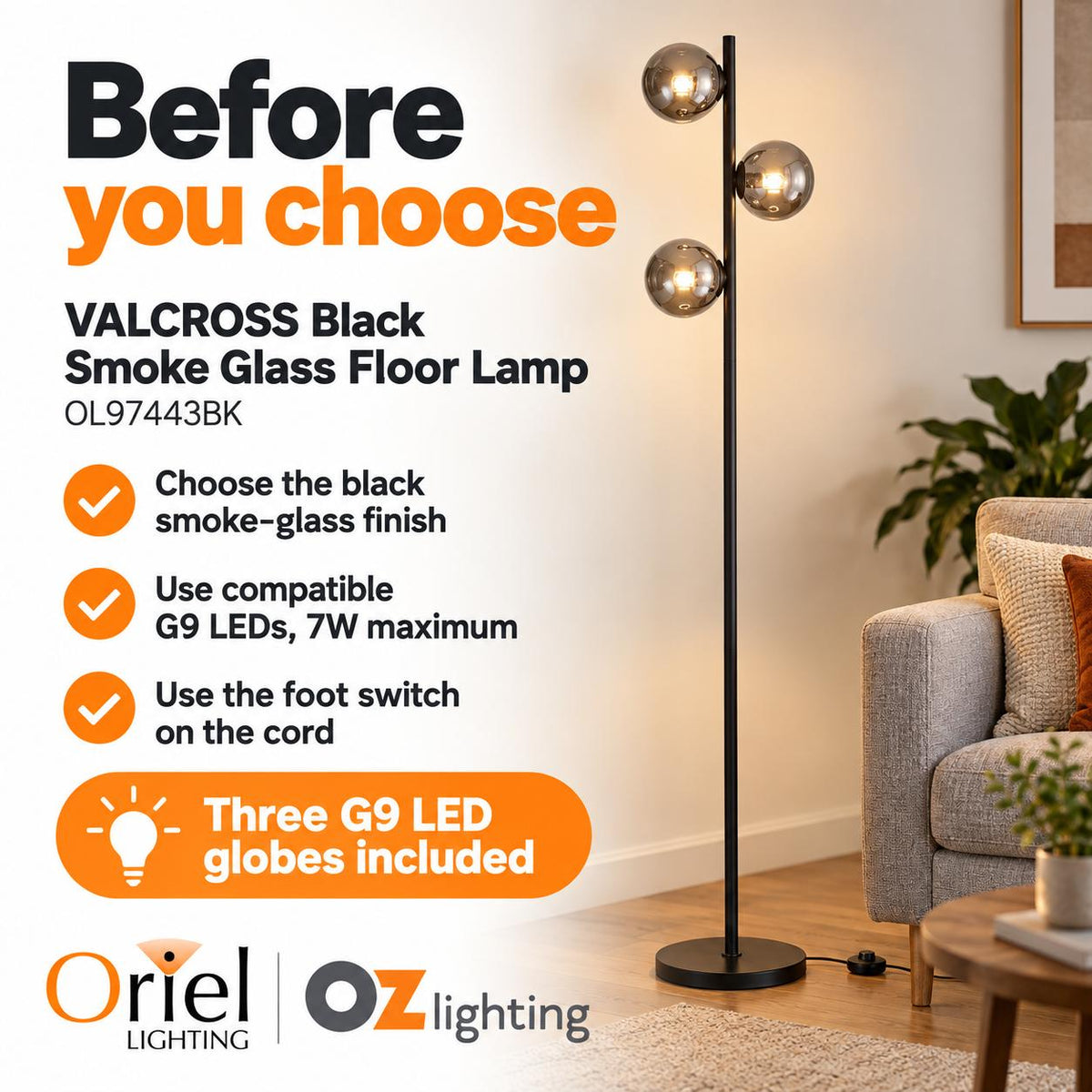 Oriel VALCROSS Smoke Floor Lamp - Glass-Oriel Lighting-Ozlighting.com.au