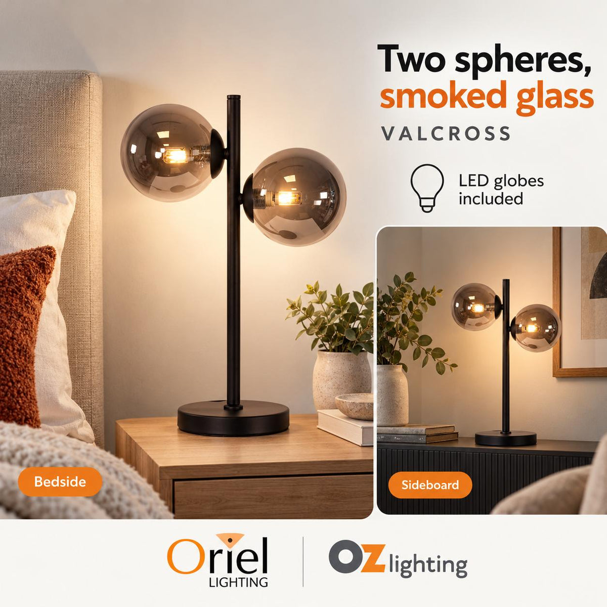 Oriel VALCROSS Smoke Table Lamp - Glass-Oriel Lighting-Ozlighting.com.au