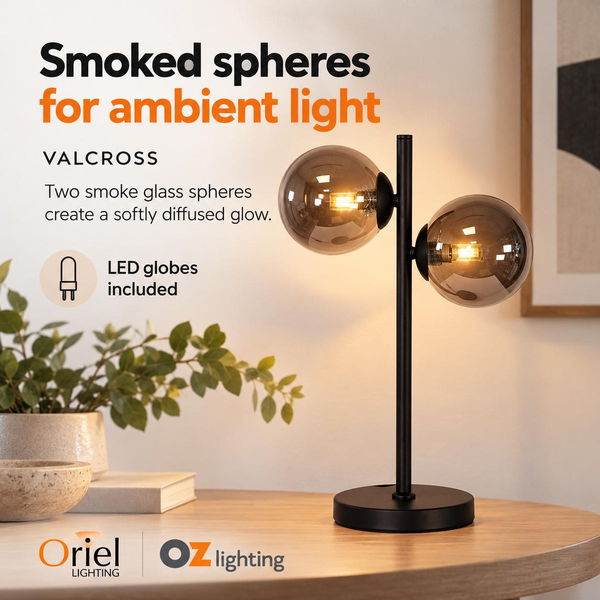 Oriel VALCROSS Smoke Table Lamp - Glass-Oriel Lighting-Ozlighting.com.au