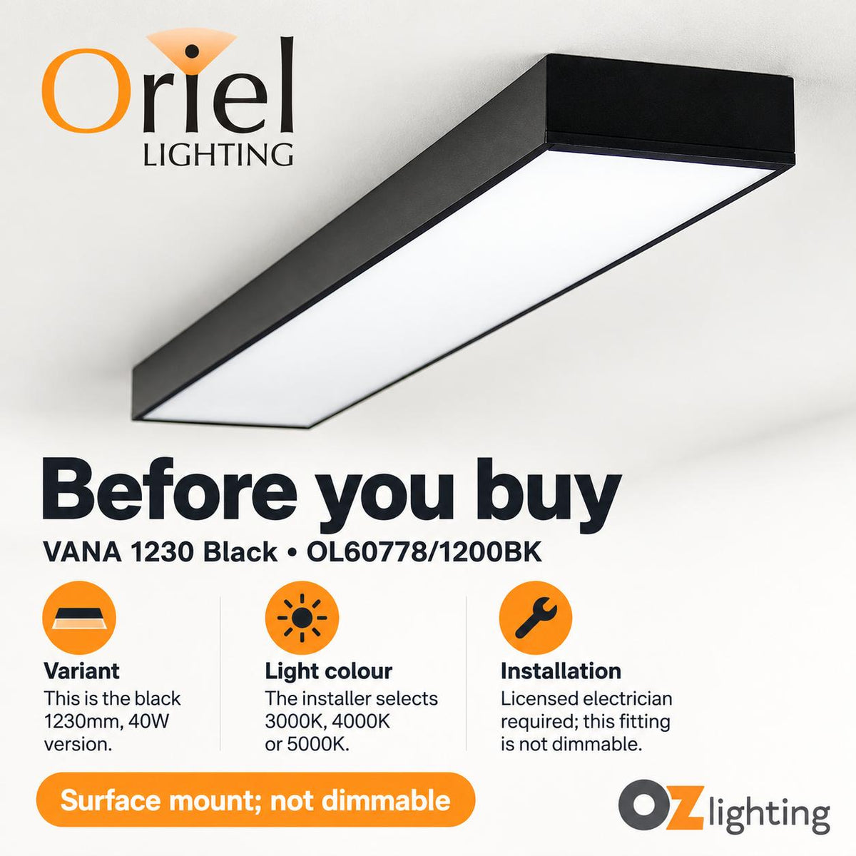 Oriel VANA LED Batten - Tri-Colour 1230mm (4ft) 40W / 1530mm (5ft) 50W, Diffused, IP20-Oriel Lighting-Ozlighting.com.au