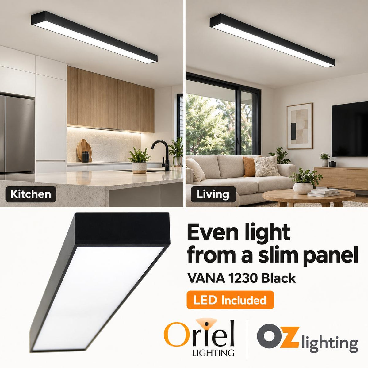 Oriel VANA LED Batten - Tri-Colour 1230mm (4ft) 40W / 1530mm (5ft) 50W, Diffused, IP20-Oriel Lighting-Ozlighting.com.au