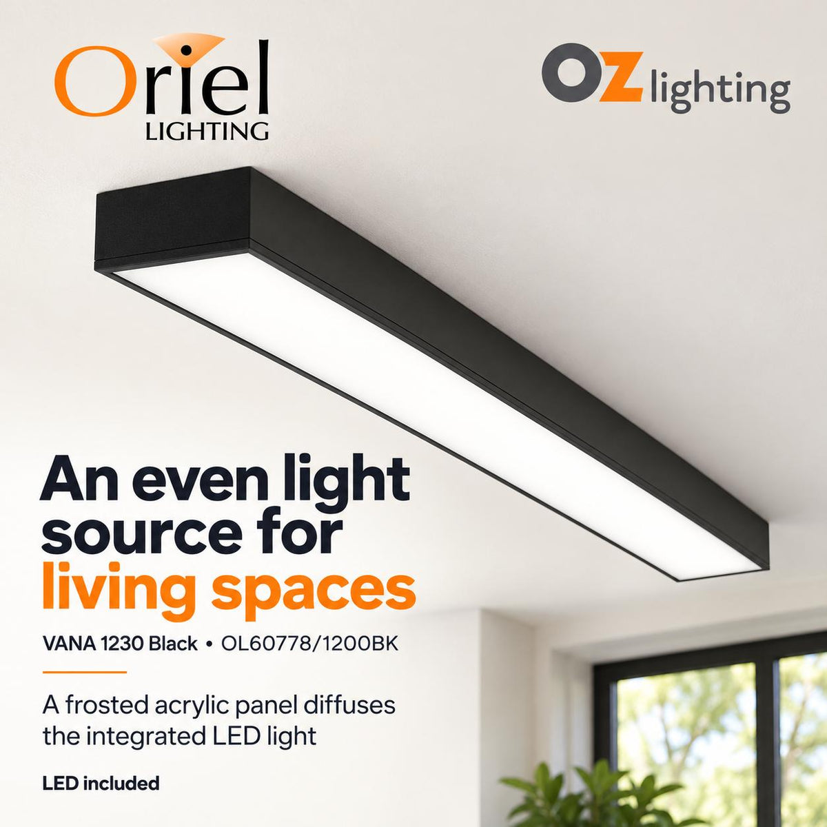 Oriel VANA LED Batten - Tri-Colour 1230mm (4ft) 40W / 1530mm (5ft) 50W, Diffused, IP20-Oriel Lighting-Ozlighting.com.au