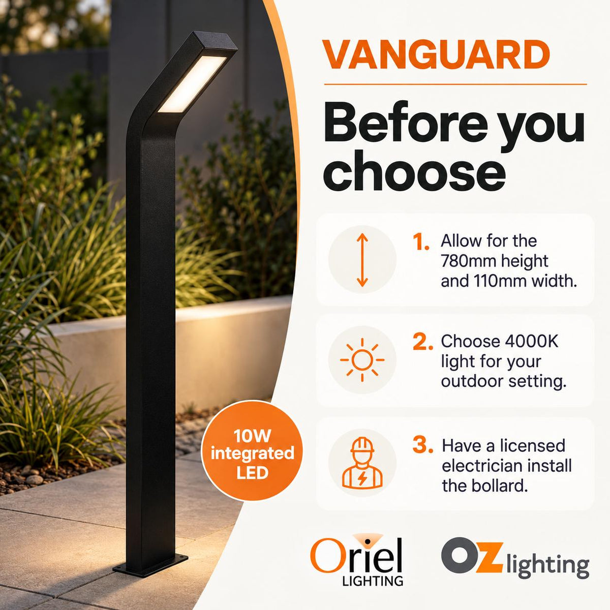 Oriel VANGUARD LED Bollard Light - 10W-Oriel Lighting-Ozlighting.com.au