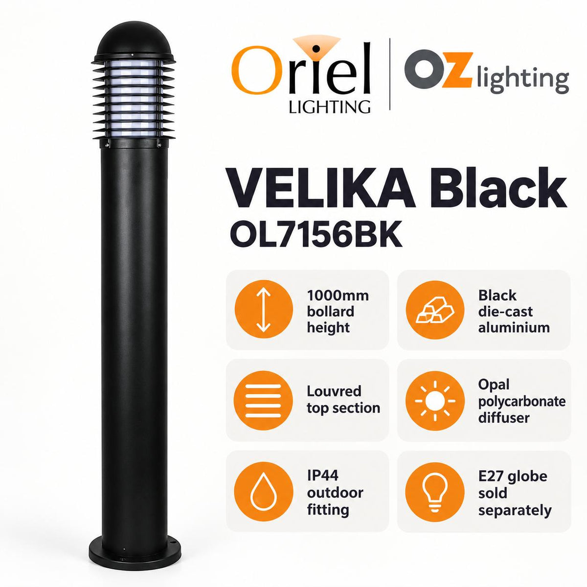 Oriel VELIKA Outdoor Bollard Light - 1000mm (1M) Garden, IP44-Oriel Lighting-Ozlighting.com.au