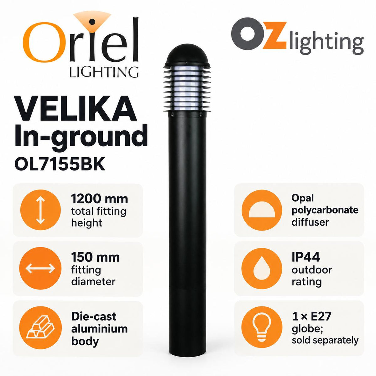 Oriel VELIKA Outdoor Bollard Light - 1200mm (1.2M) Garden, Without Flange IP44-Oriel Lighting-Ozlighting.com.au