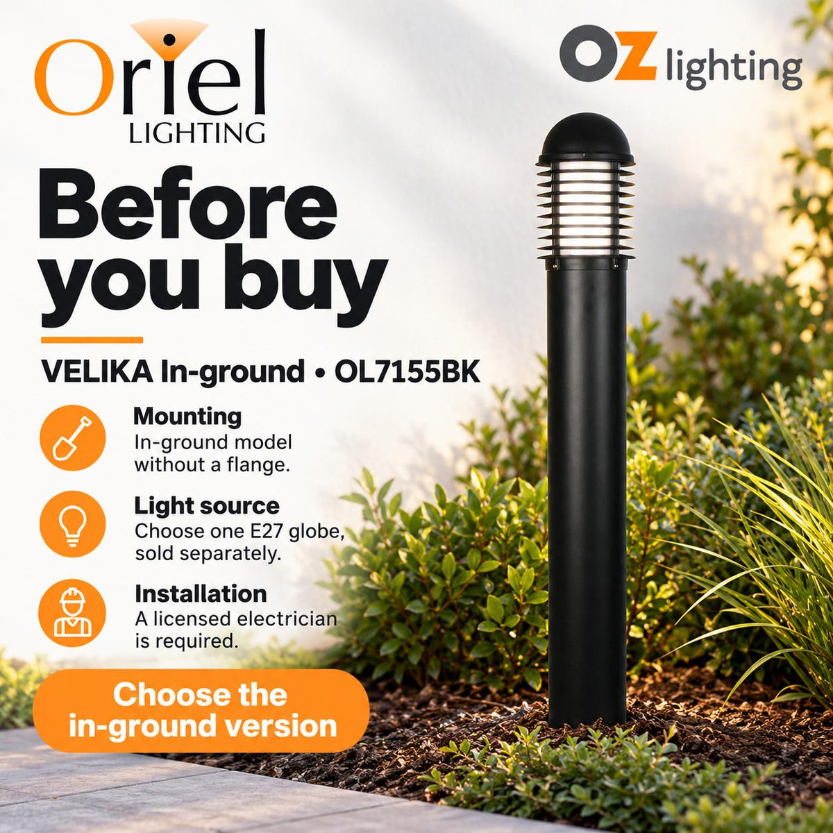 Oriel VELIKA Outdoor Bollard Light - 1200mm (1.2M) Garden, Without Flange IP44-Oriel Lighting-Ozlighting.com.au