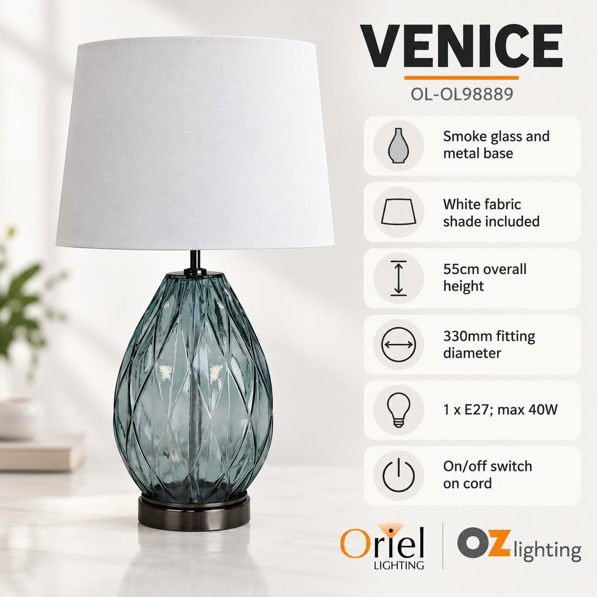Oriel VENICE Table Lamp - Glass-Oriel Lighting-Ozlighting.com.au