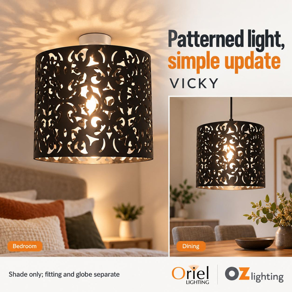 Oriel VICKY DIY Batten Fix - Holder Cover 1 Light Laser Cut Metal Ceiling Light Shade Only-Oriel Lighting-Ozlighting.com.au