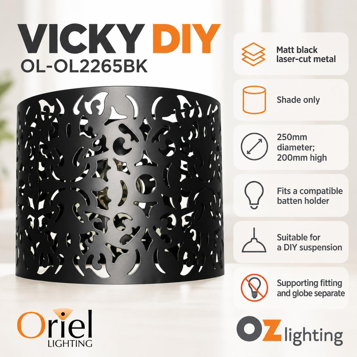 Oriel VICKY DIY Batten Fix - Holder Cover 1 Light Laser Cut Metal Ceiling Light Shade Only-Oriel Lighting-Ozlighting.com.au