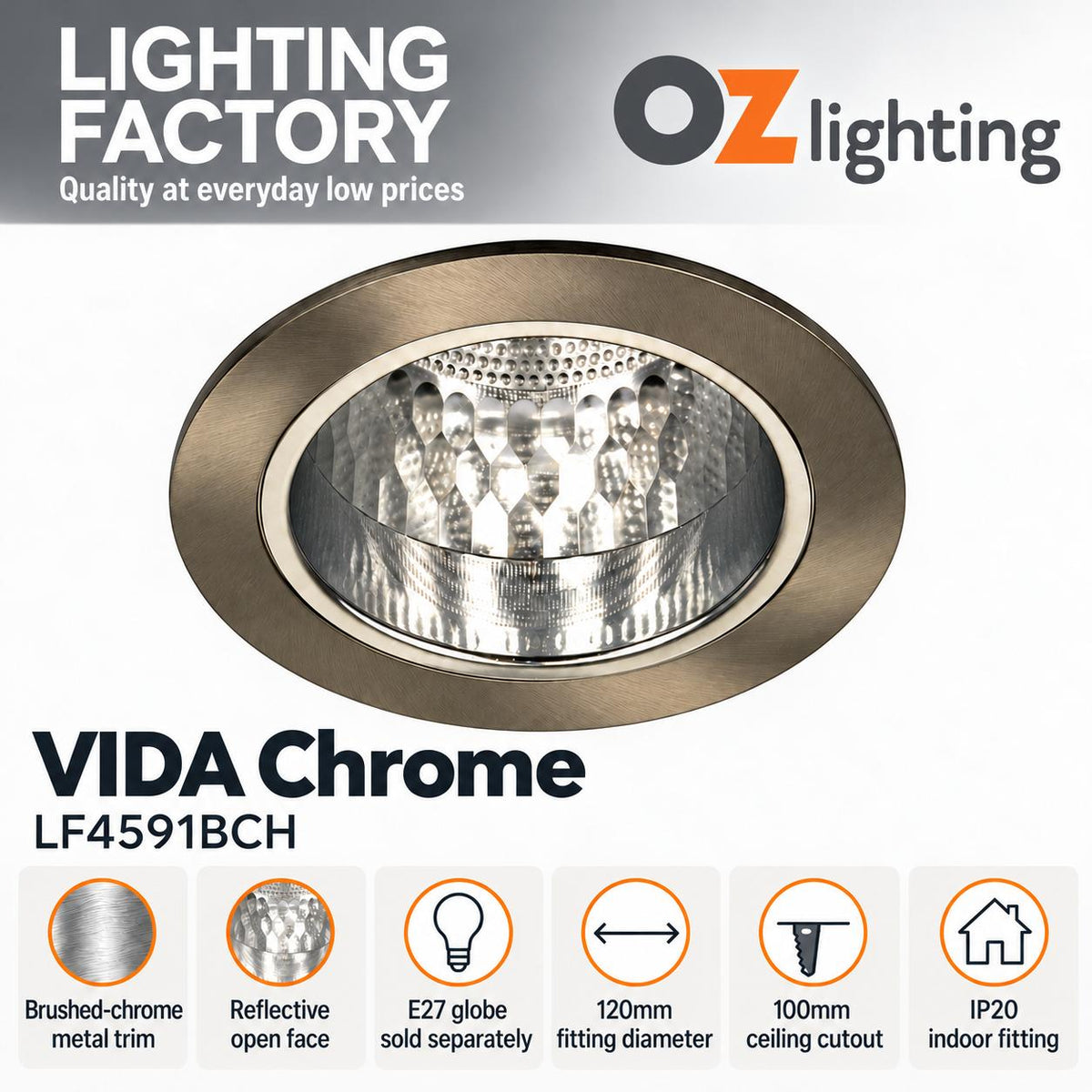 Oriel VIDA Downlight - Round Open Face, IP20, Chrome-Oriel Lighting-Ozlighting.com.au
