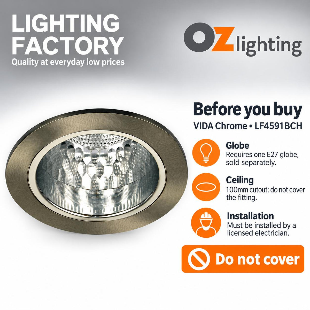 Oriel VIDA Downlight - Round Open Face, IP20, Chrome-Oriel Lighting-Ozlighting.com.au