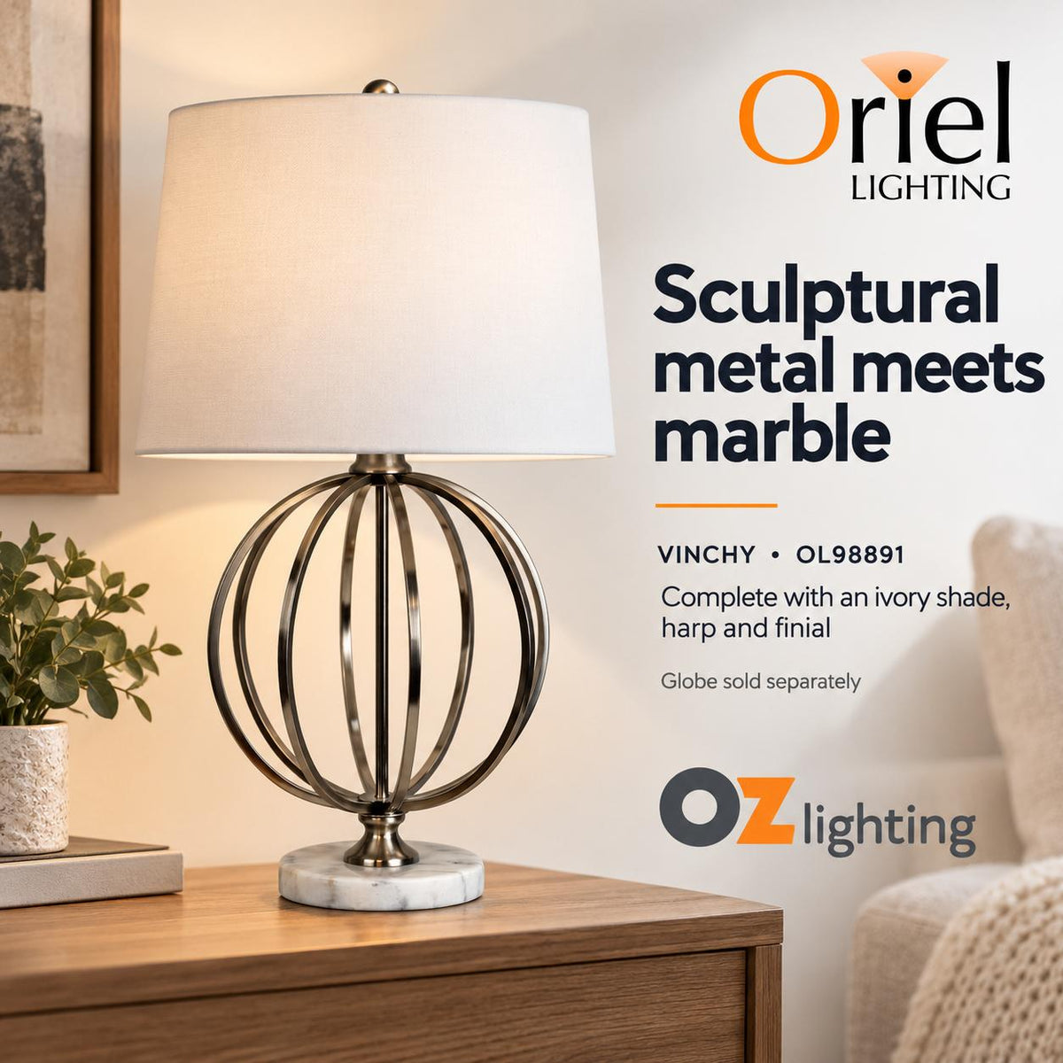 Oriel VINCHY Table Lamp - Metal & Marble-Oriel Lighting-Ozlighting.com.au