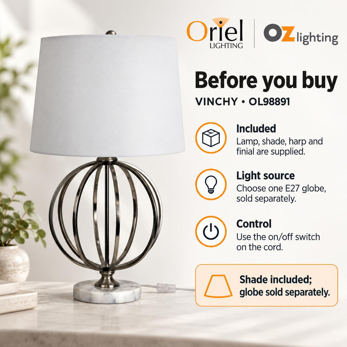 Oriel VINCHY Table Lamp - Metal & Marble-Oriel Lighting-Ozlighting.com.au