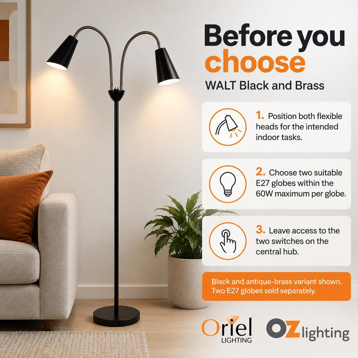 Oriel WALT Floor Lamp - Twin Head-Oriel Lighting-Ozlighting.com.au