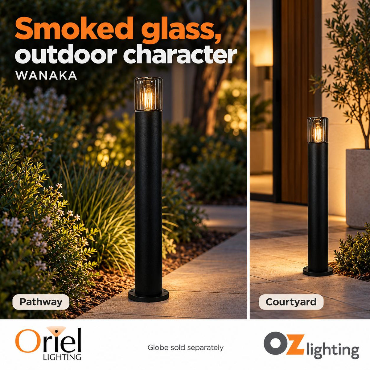 Oriel WANAKA Bollard Light - Aluminium Smoke Glass-Oriel Lighting-Ozlighting.com.au