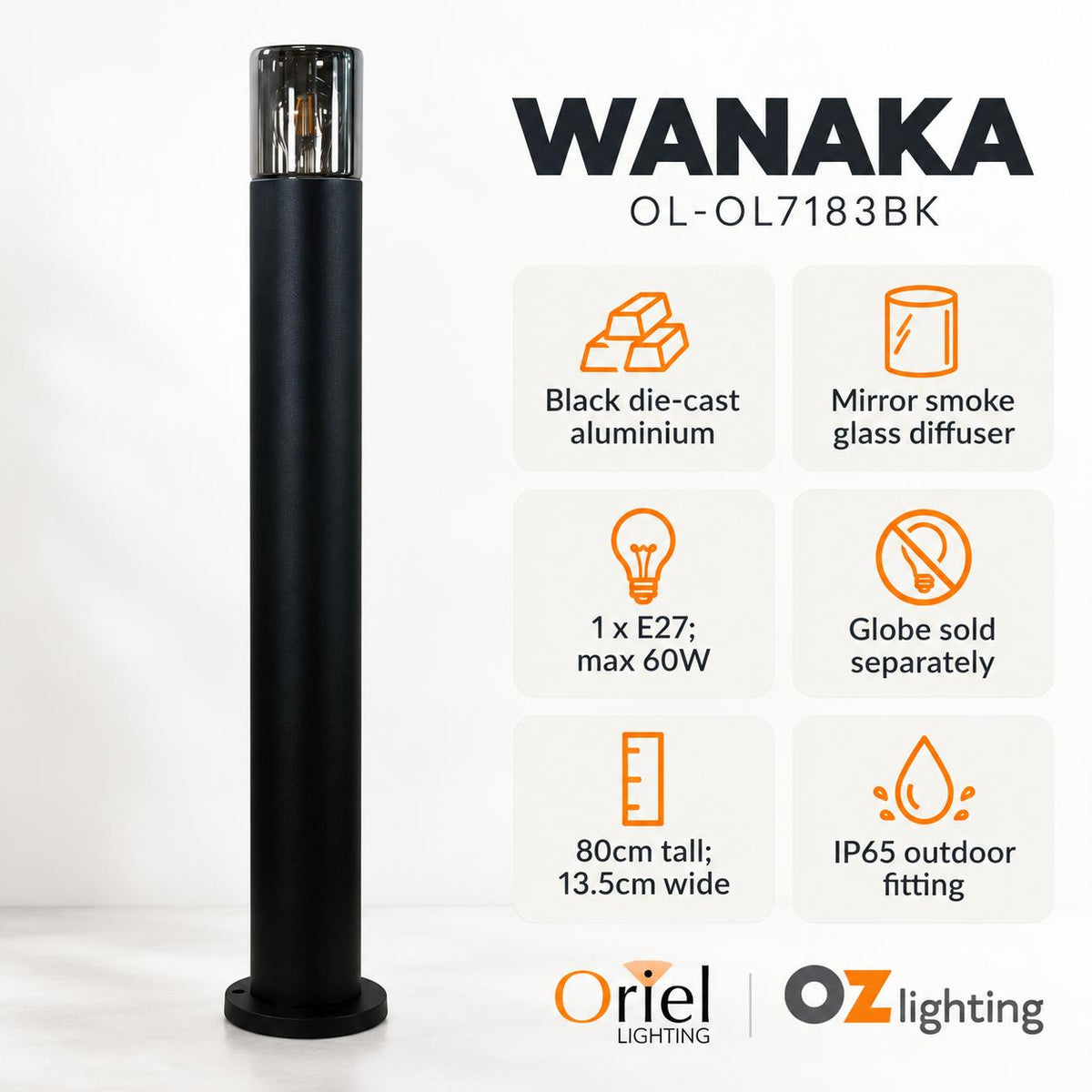 Oriel WANAKA Bollard Light - Aluminium Smoke Glass-Oriel Lighting-Ozlighting.com.au