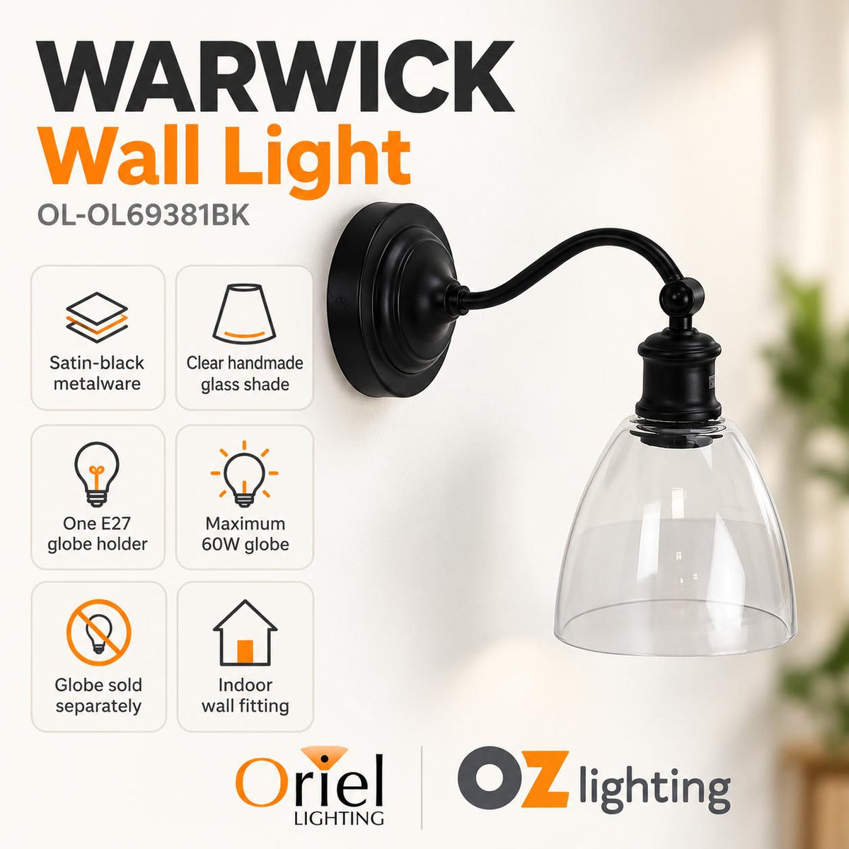 Oriel WARWICK Wall Light - 1 Light Interior-Oriel Lighting-Ozlighting.com.au