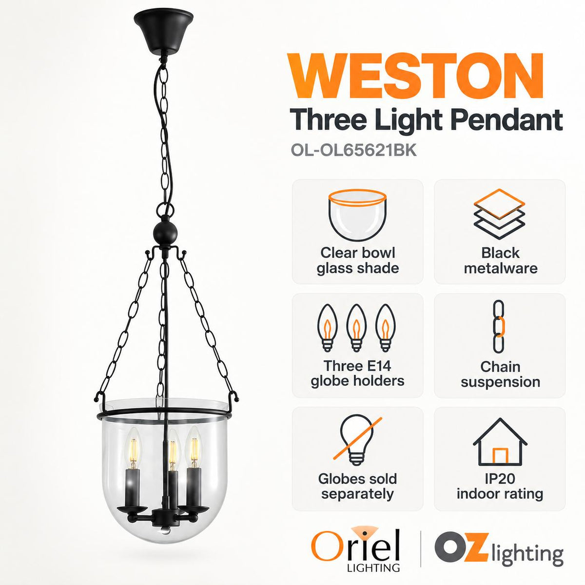 Oriel WESTON Pendant - 3 Light-Oriel Lighting-Ozlighting.com.au