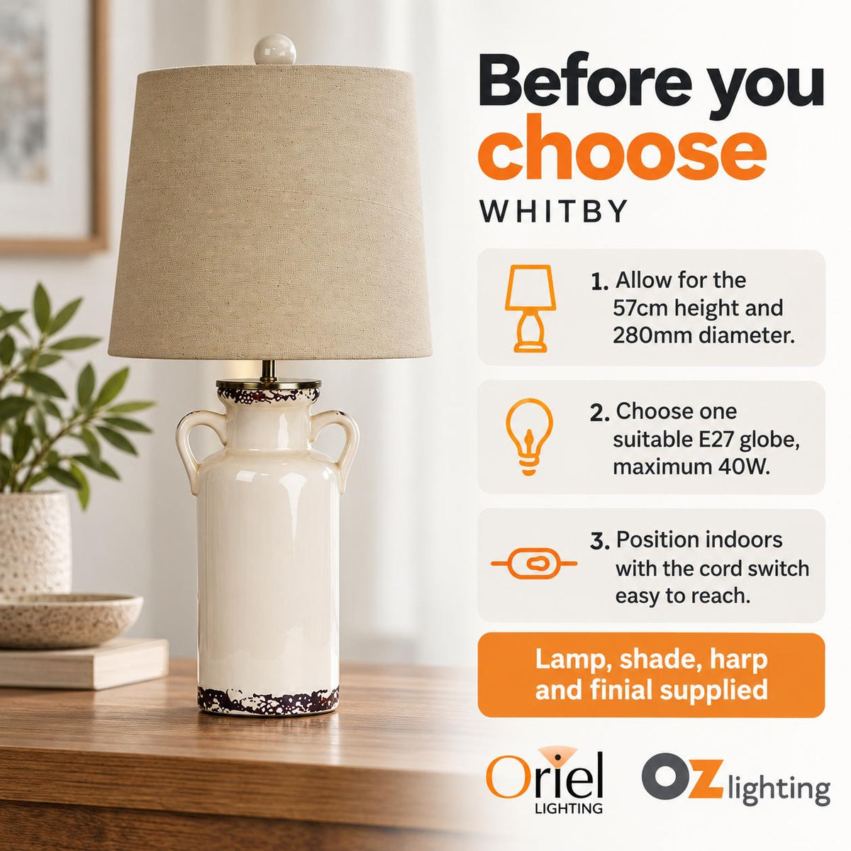 Oriel WHITBY Table Lamp - Ceramic — practical choosing, inclusion and care advice
