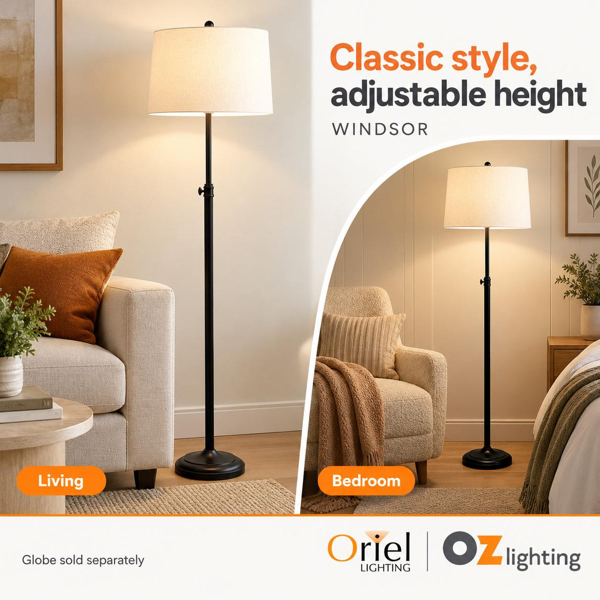 Oriel WINDSOR Floor Lamp - Adjustable Height Metal-Oriel Lighting-Ozlighting.com.au