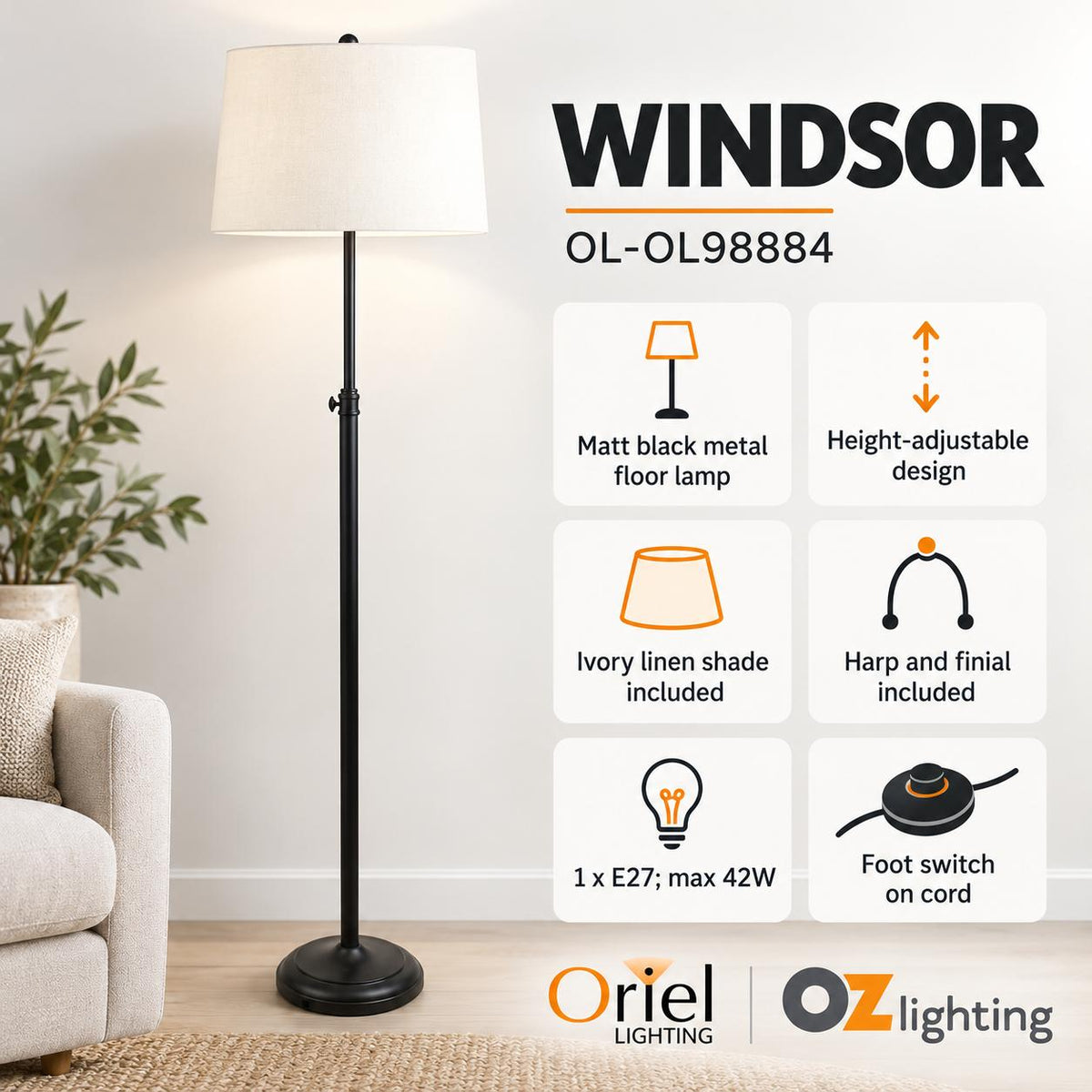 Oriel WINDSOR Floor Lamp - Adjustable Height Metal-Oriel Lighting-Ozlighting.com.au