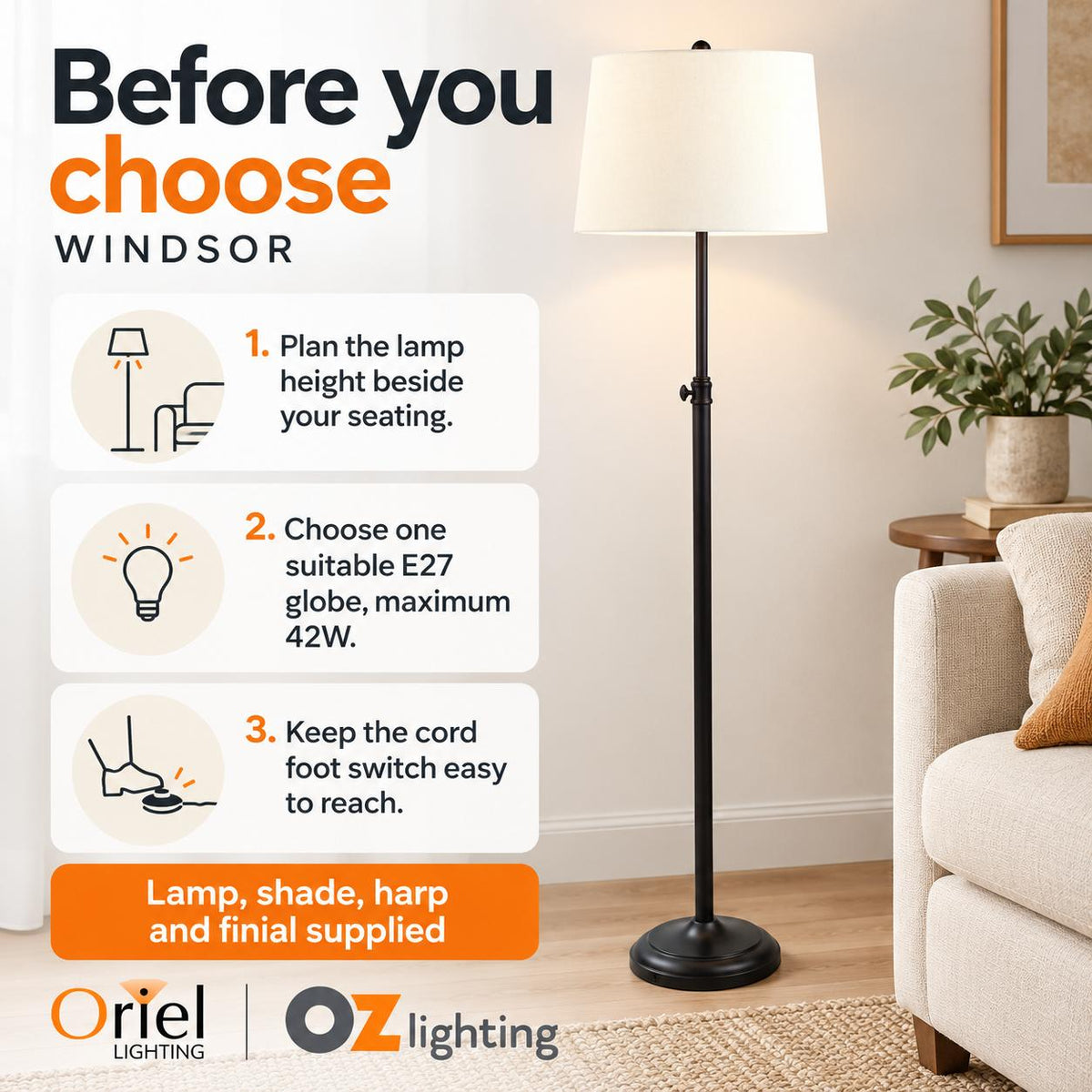 Oriel WINDSOR Floor Lamp - Adjustable Height Metal-Oriel Lighting-Ozlighting.com.au