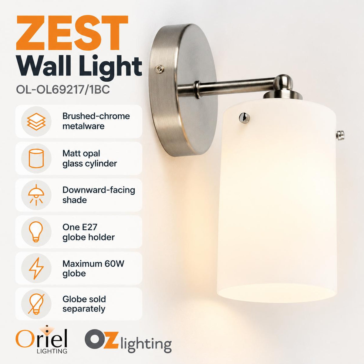 Oriel ZEST Wall Light - 1 Light Retro Glass Interior-Oriel Lighting-Ozlighting.com.au