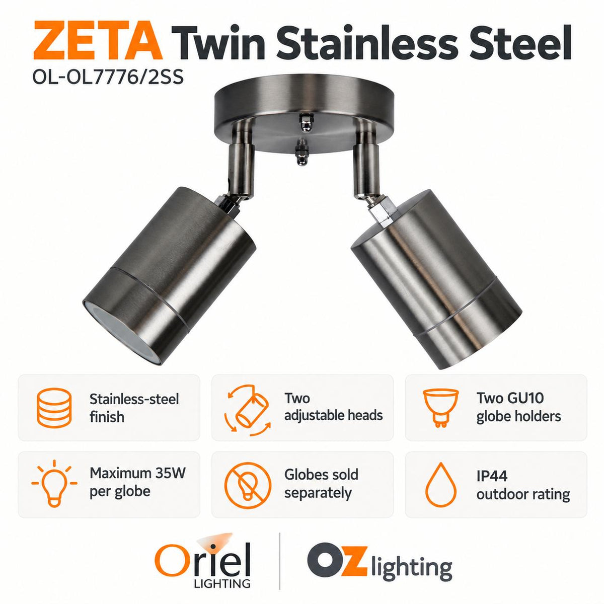 Oriel ZETA Outdoor Spotlight - 2 Light Twin Head Adjustable, IP44-Oriel Lighting-Ozlighting.com.au