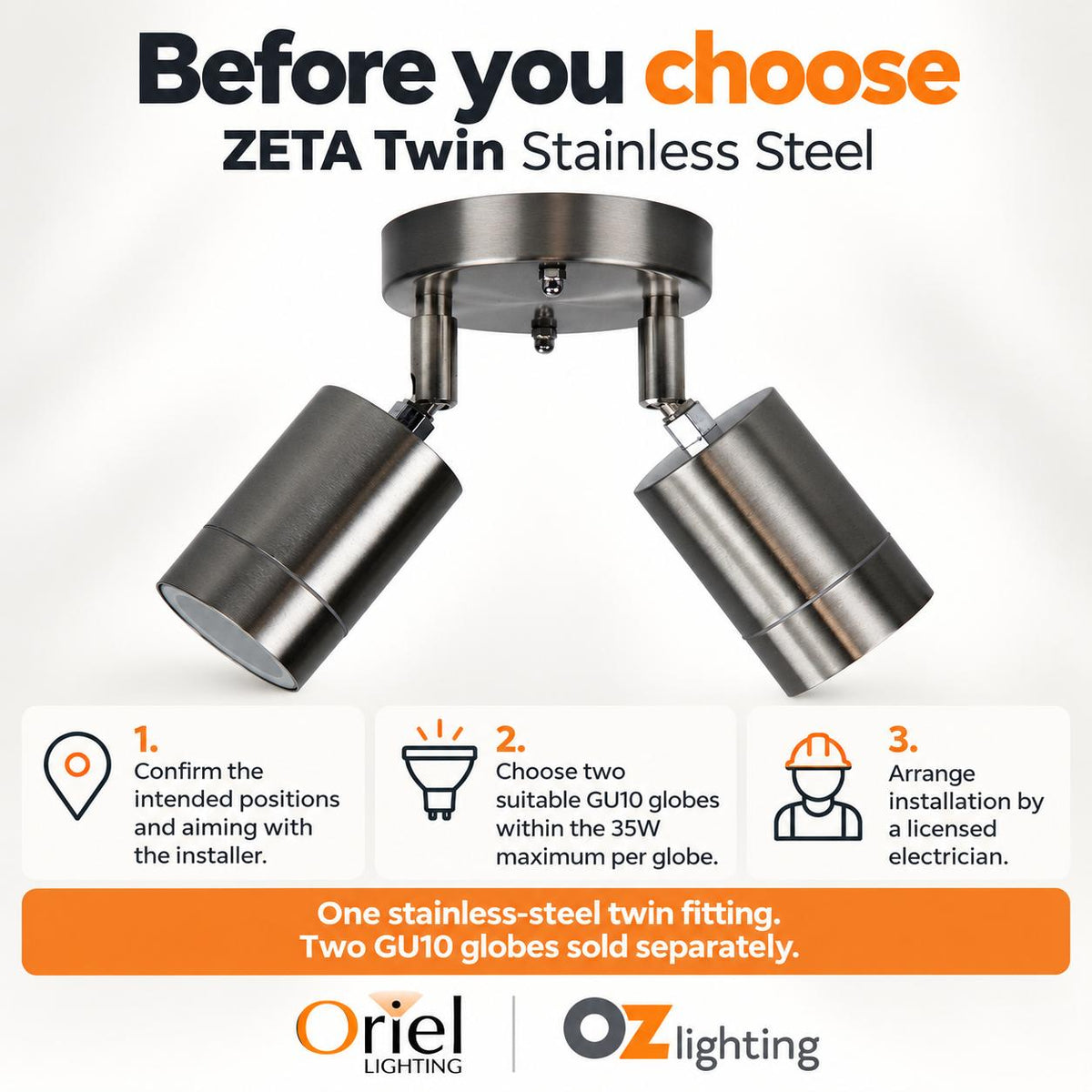 Oriel ZETA Outdoor Spotlight - 2 Light Twin Head Adjustable, IP44-Oriel Lighting-Ozlighting.com.au
