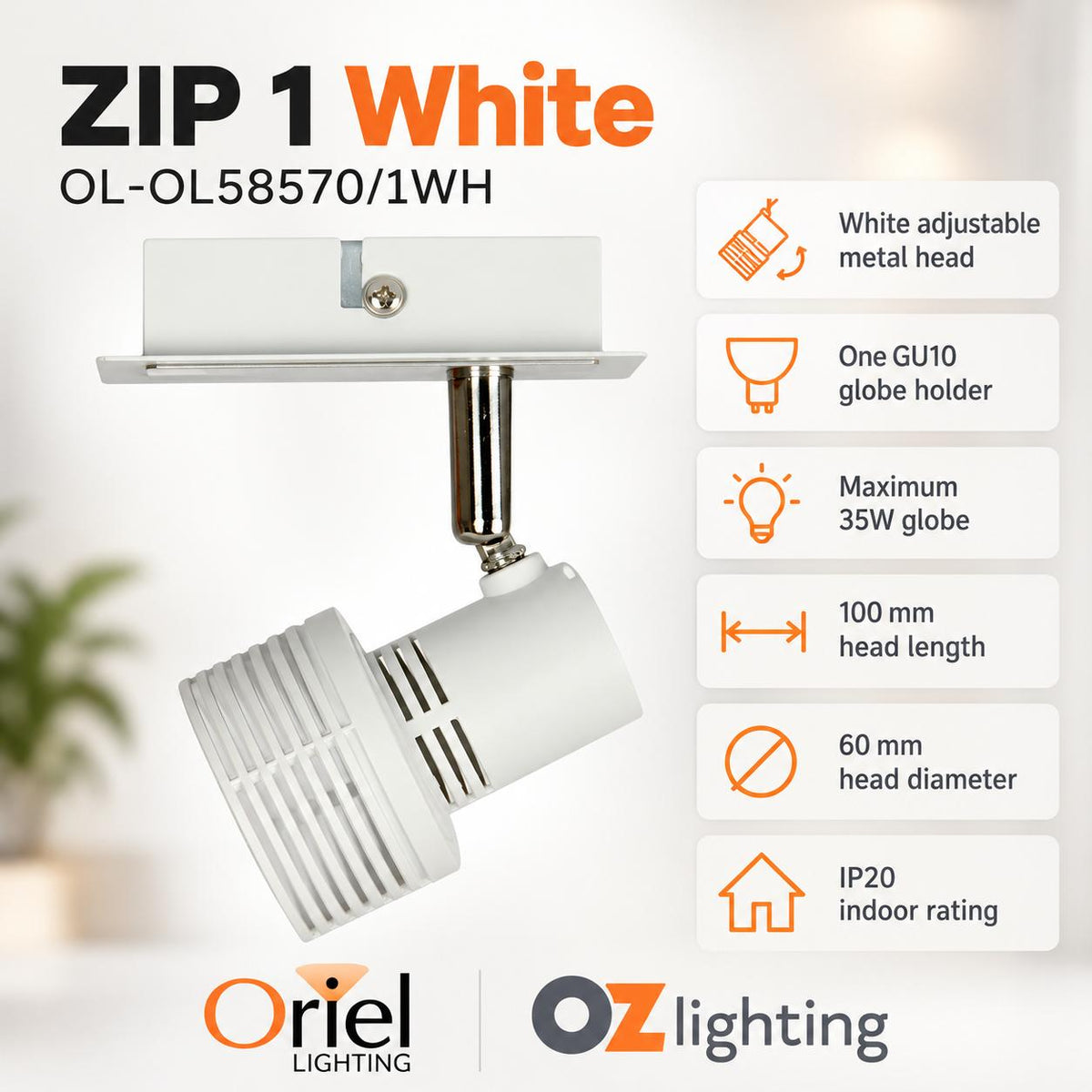 Oriel ZIP 1 Spotlight - GU10 1 Light Adjustable, White-Oriel Lighting-Ozlighting.com.au