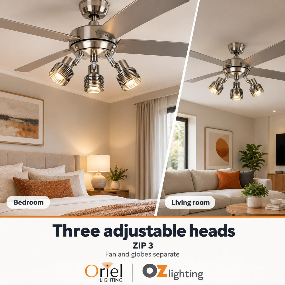Oriel ZIP 3 Spotlight - 3xGU10 Adjustable Indoor Ceiling Fan, Accessory, Brushed Chrome-Oriel Lighting-Ozlighting.com.au